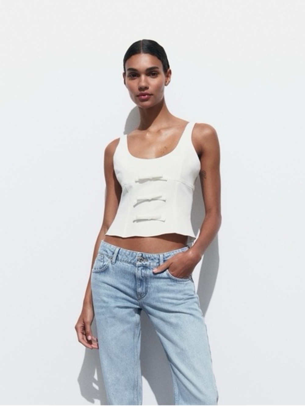 Zara White Tank with Front Bow Details
